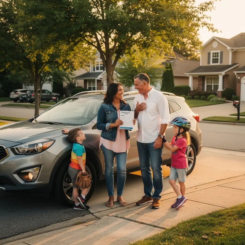 Znak drogowy wskazujący na bezpieczeństwo jazdy z informacjami o programach ochrony kierowców.