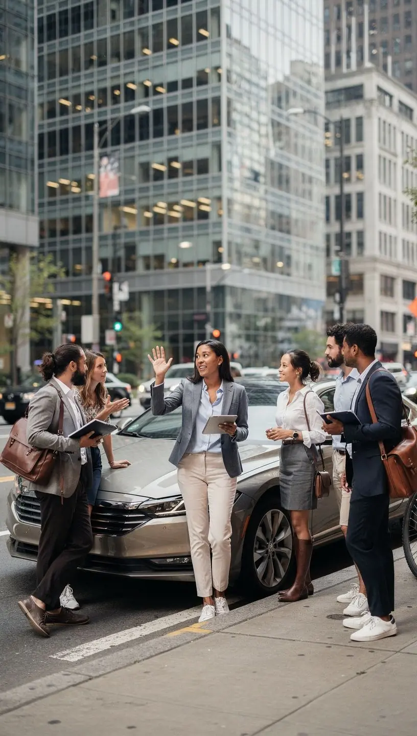 Uśmiechnięty kierowca trzymający polisę ubezpieczeniową samochodu w ręku, symbolizujący bezpieczeństwo na drodze.