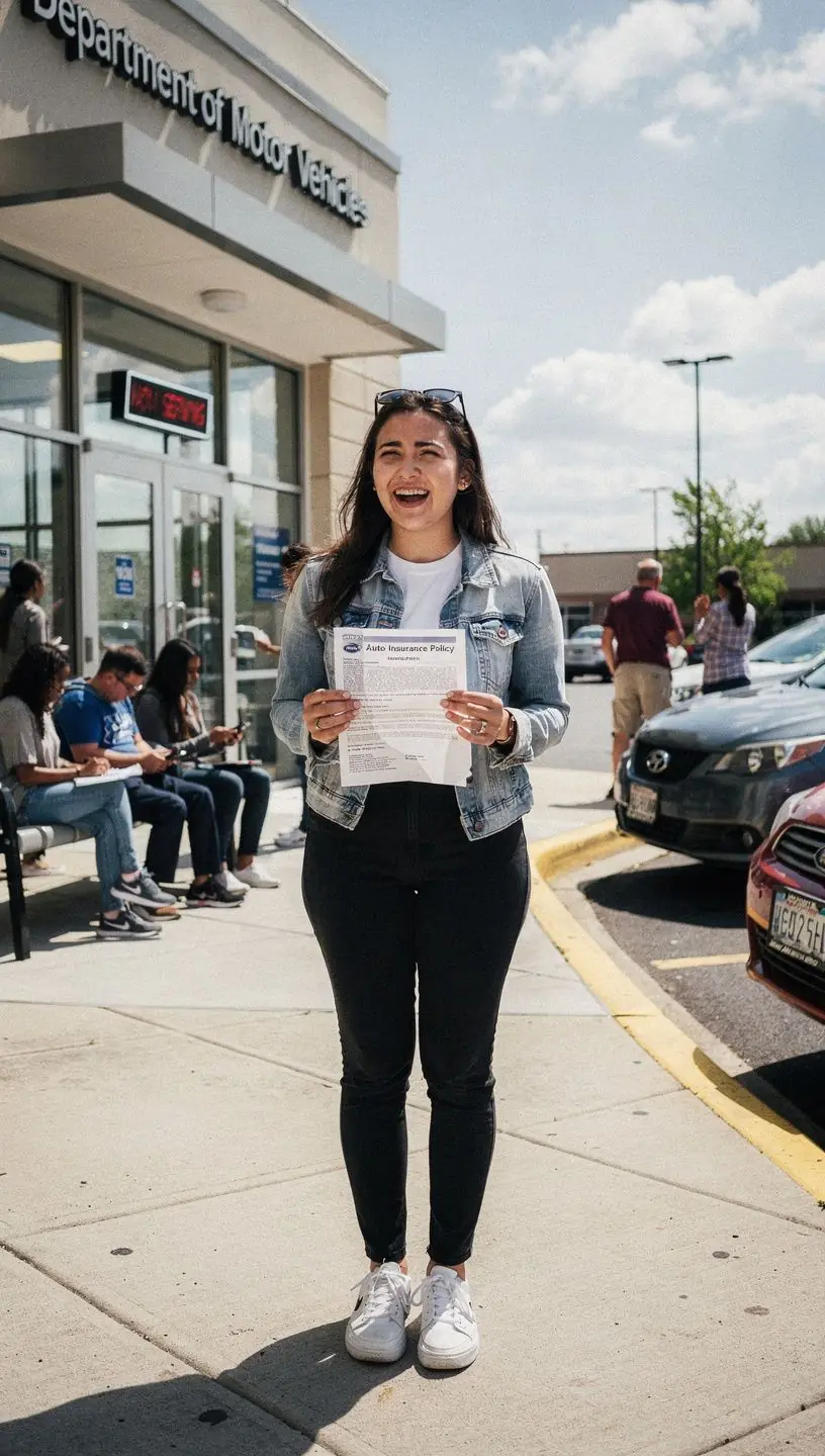 Obraz przedstawiający kierowcę szczęśliwego po uzyskaniu korzystnej polisy ubezpieczeniowej na samochód.
