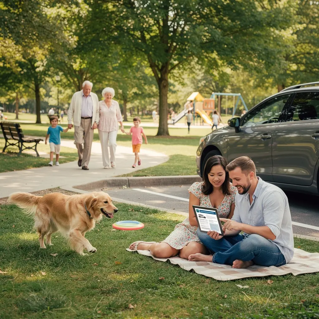 Grafika przedstawiająca kalkulator i dokumenty, ilustrująca przystępne stawki ubezpieczenia samochodowego.
